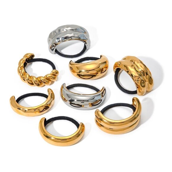 18K Gold Chunky Hammered Arch Hair Cuffs Hair Ties, Stainless Steel Ponytail Cuf - Picture 7 of 9